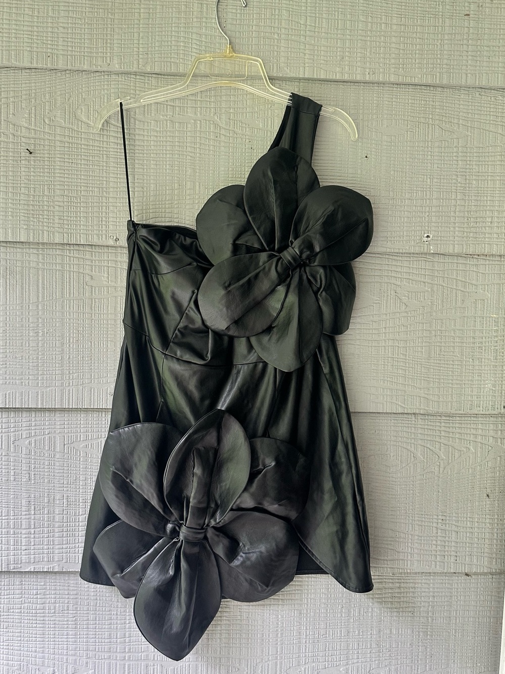AKIRA GEMMA FLORAL DETAIL FAUX LEATHER ONE SHOULDER MINI DRESS ~XL - Picture 2 of 5